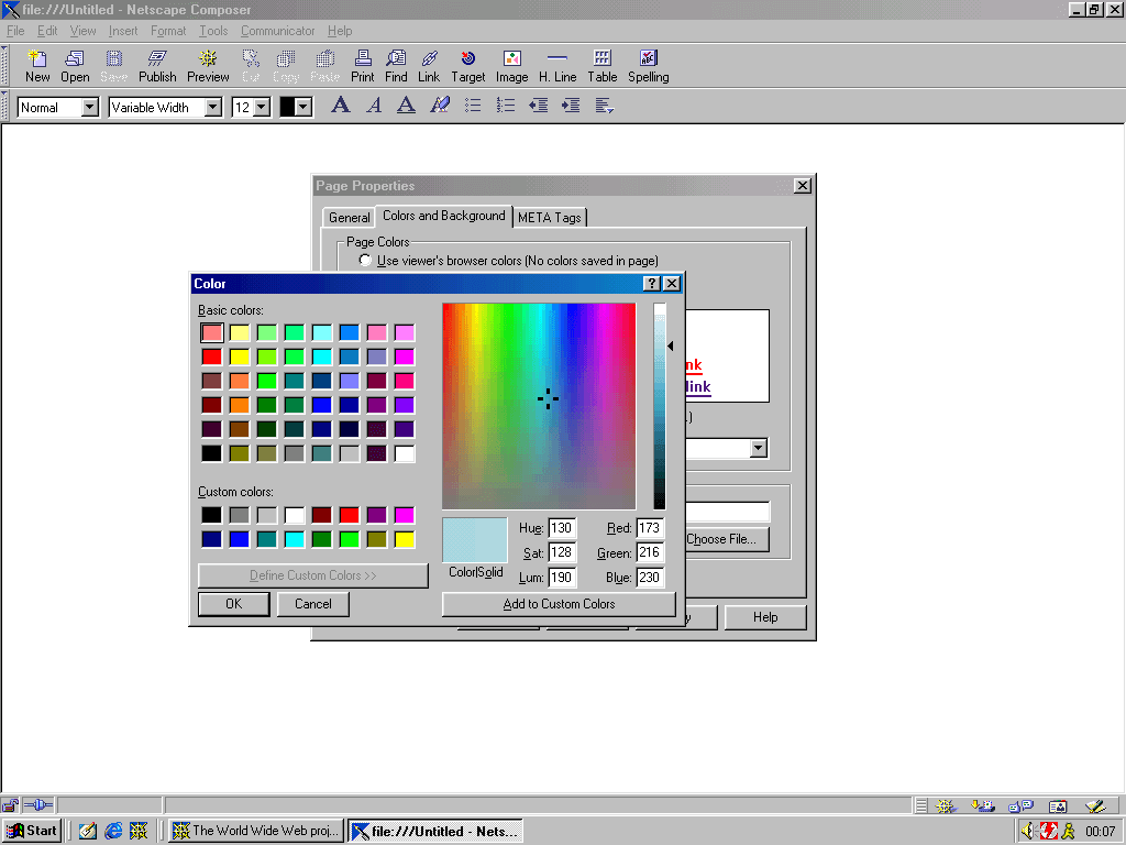 Custom color selection in Netscape Composer