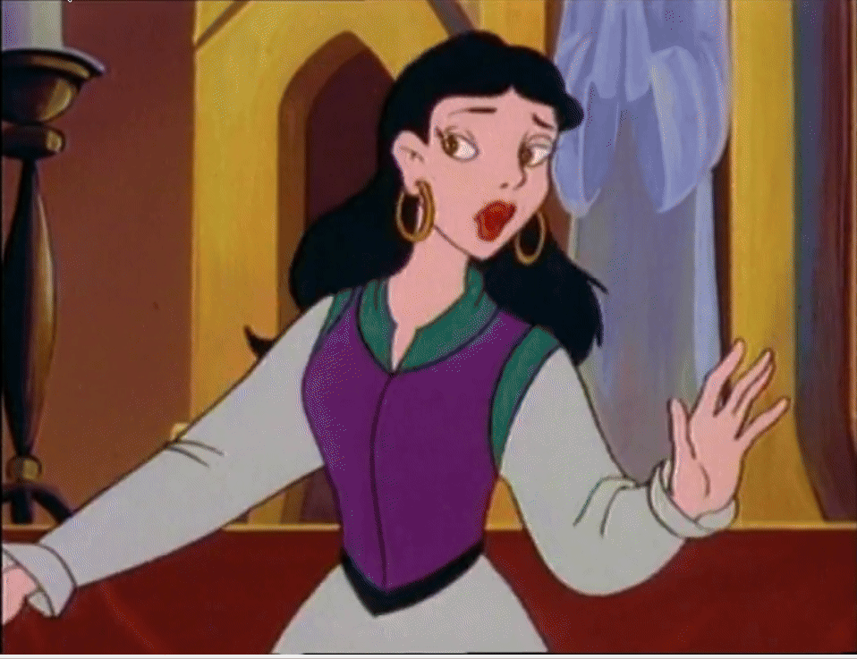 An animated GIF showing a part of the movie featuring Claude Frollo berating Esmeralda, in which a VHS-style glitch can be seen