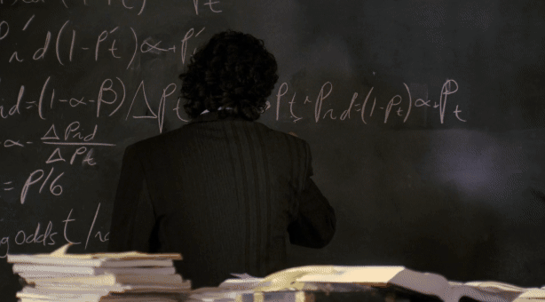 An animated GIF of Professor Charlie Eppes from Numb3rs writing an equation on a chalkboard.