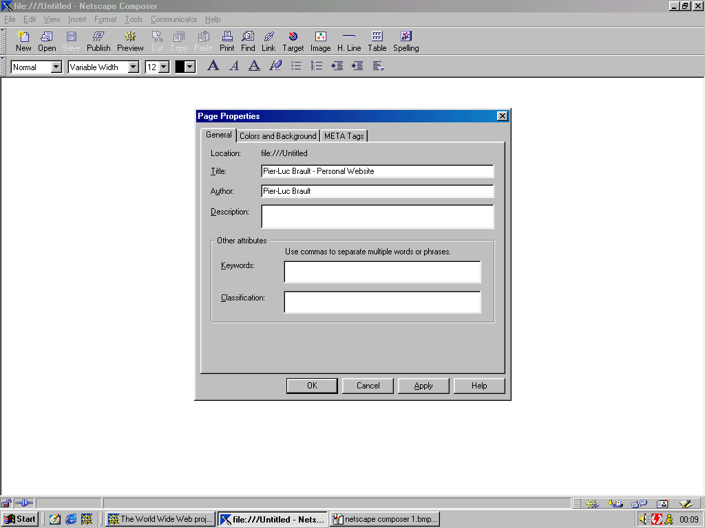 Setting page title and description in Netscape Composer