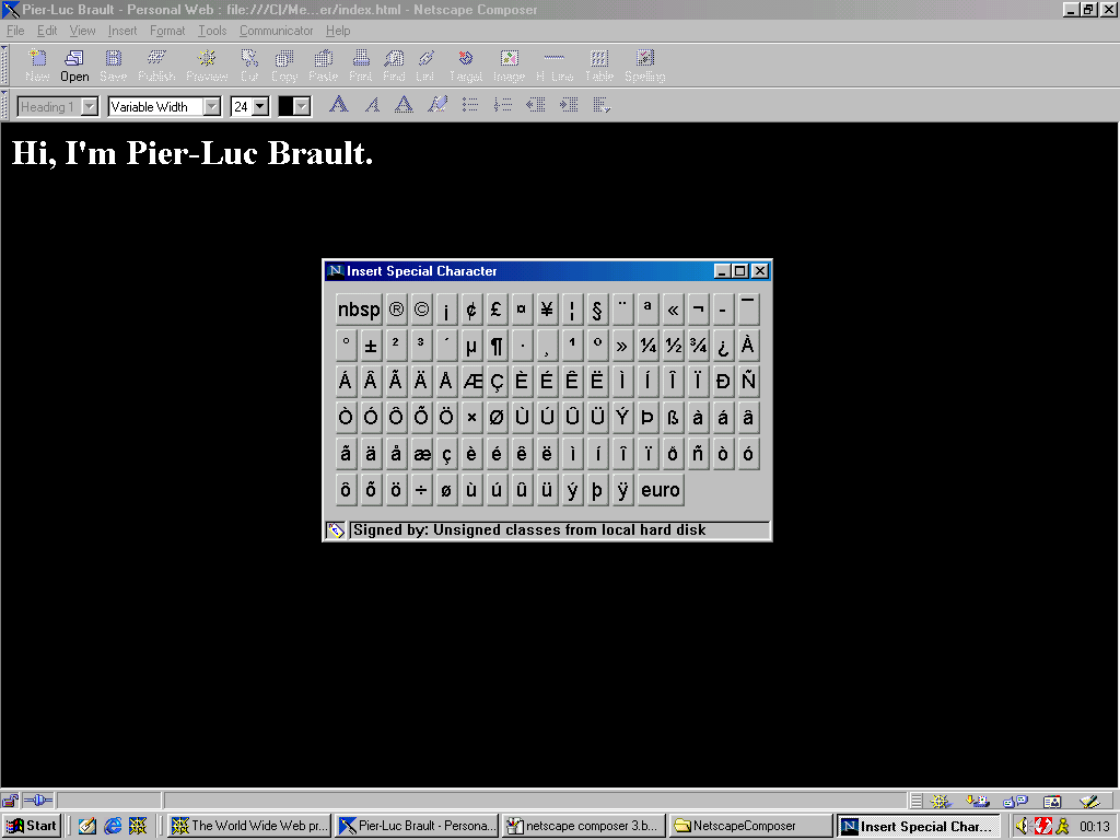 The "Insert Special Character" window in Netscape Composer