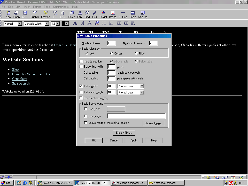 Adding a table in Netscape Composer