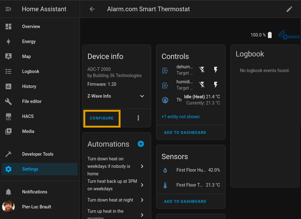 Screenshot of the thermostat's Configure button location in Home Assistant