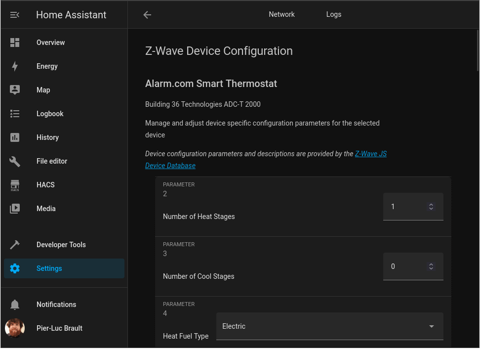 Screenshot of the thermostat's configuration page in Home Assistant