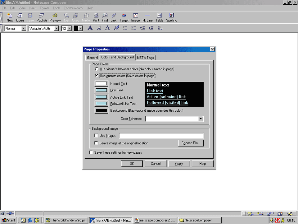 Setting page colors in Netscape Composer