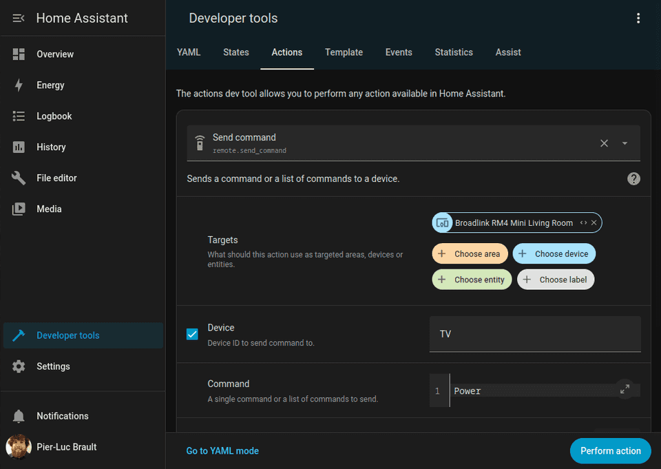 Screenshot of the command being tested in Home Assistant