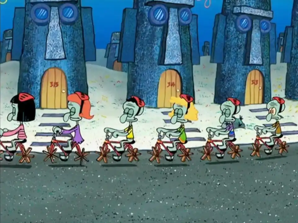 A picture from a SpongeBob episode, in which Squidward is cycling along 5 other squids in a neighborhood of identical houses.