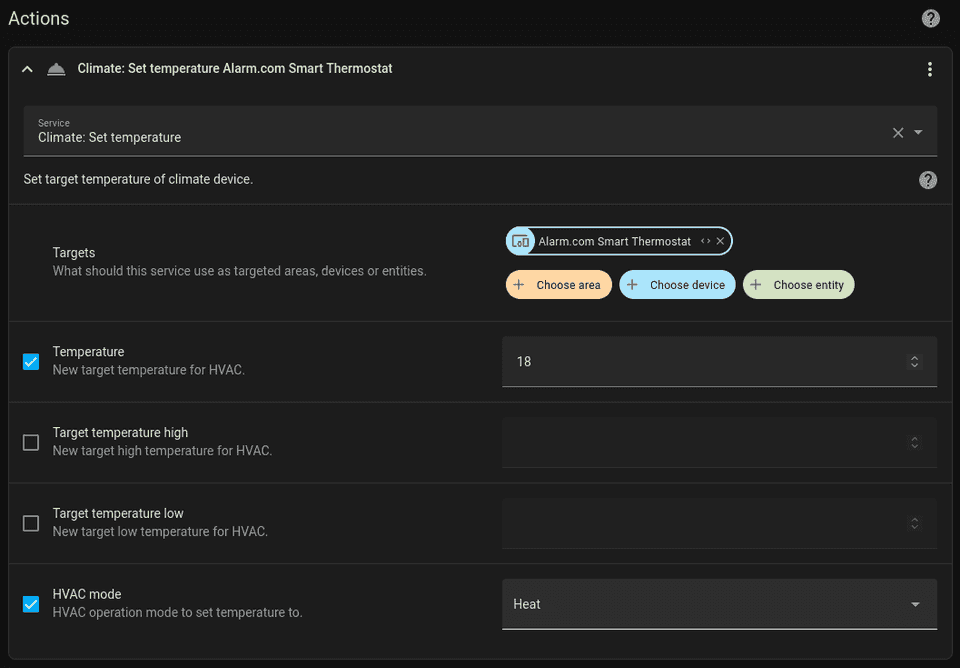 Screenshot of a thermostat automation action in Home Assistant