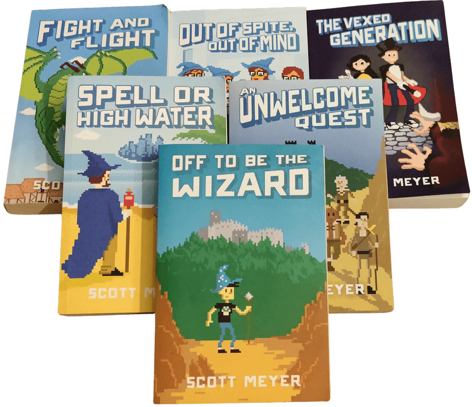 A picture of the six released books in the "Magic 2.0" series by Scott Meyer.