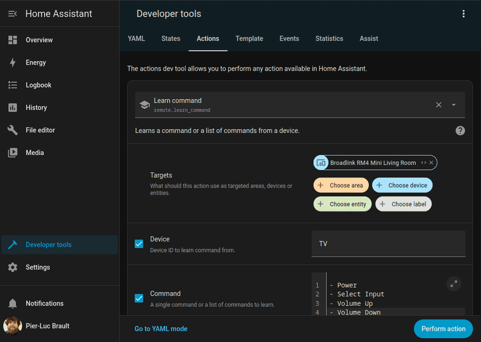 Screenshot of the Actions tab in Developer Tools