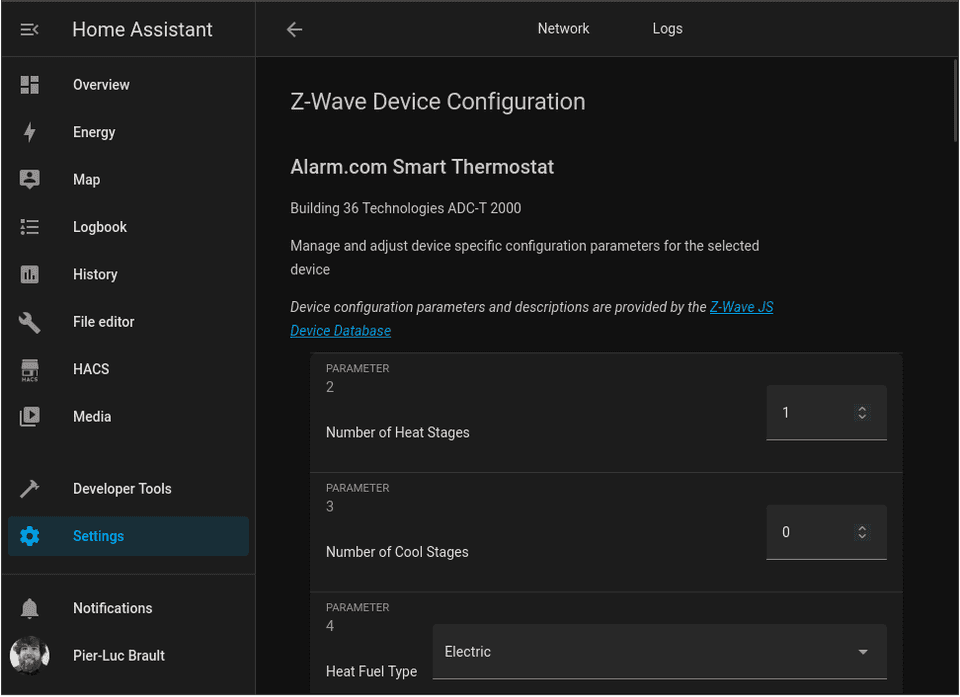 Screenshot of the thermostat's configuration page in Home Assistant