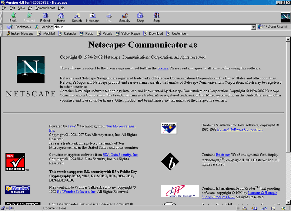Screenshot of the Netscape web browser displaying its "about" web page, titled "Netscape Communicator 4.8"