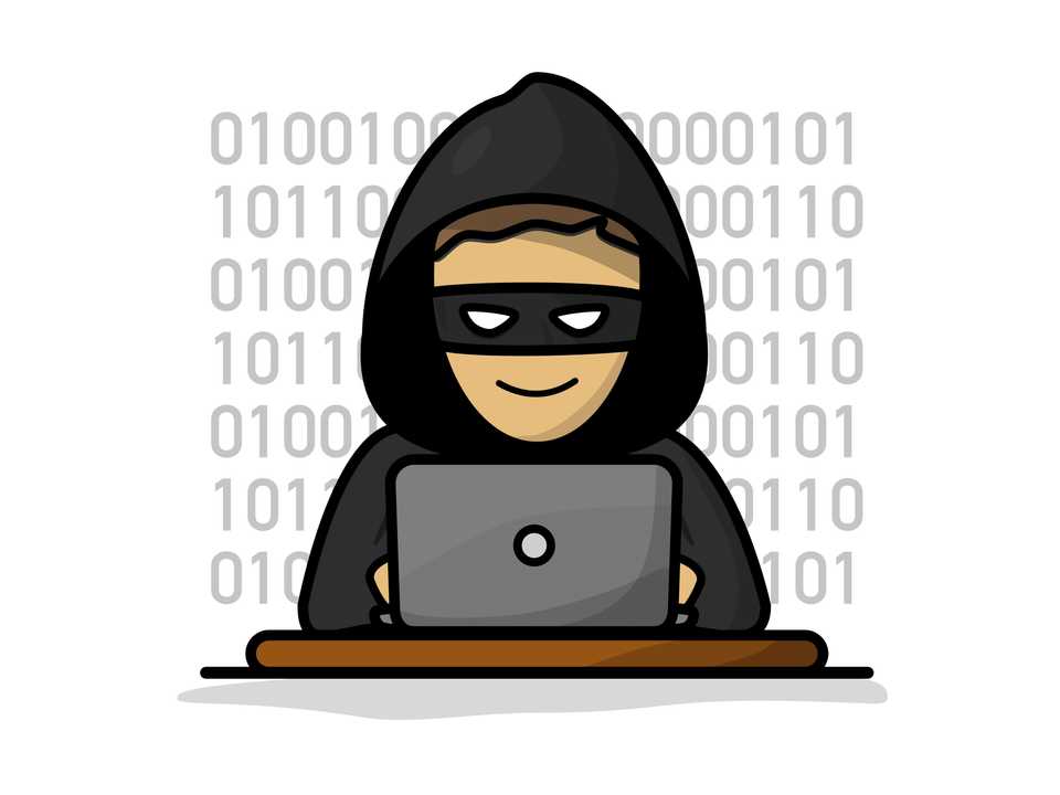 Illustration d'un « hacker » représenté par un personnage masqué portant un cotton ouaté avec un capuchon et utilisant un ordinateur portable.
